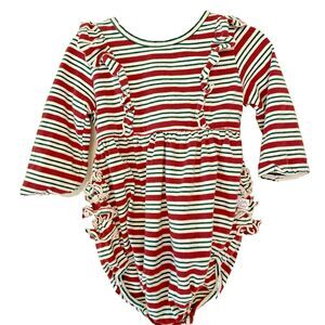 RuffleButts Red White Green Stripe Holiday Bubble Romper Baby Girls 6-12 Months